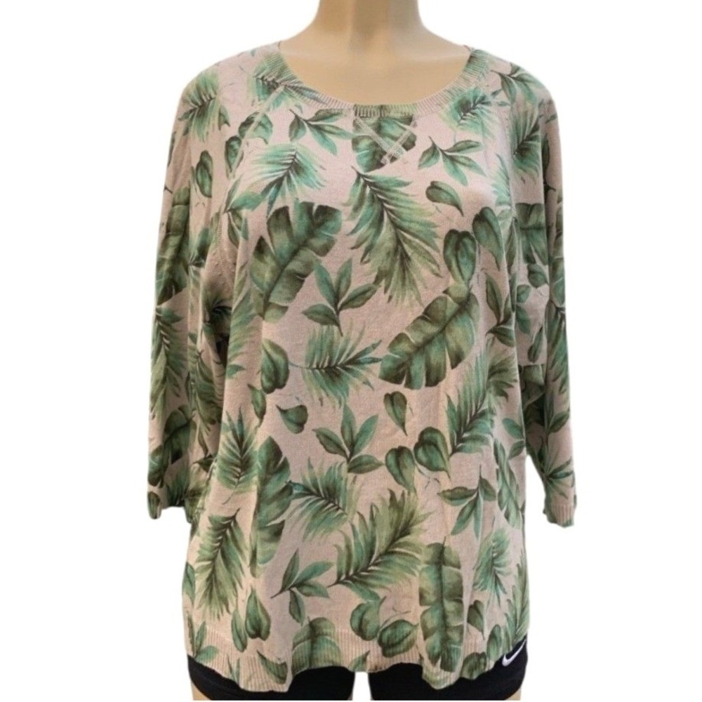 J. Jill Tropical Palm Leaf Sweater Womens XL Petite Casual Travel Cotton Blend